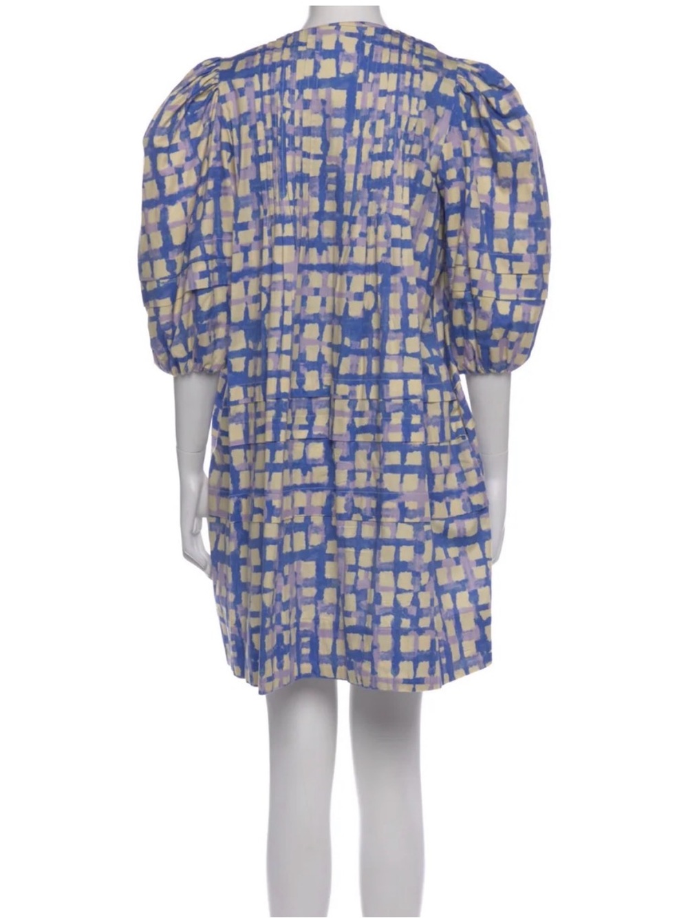 HUNTER BELL Puff Sleeve Grid-Print Mini Dress - Blue & Cream